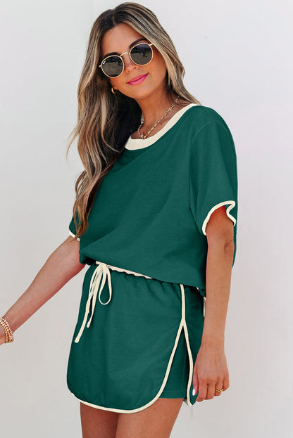 Luxury Colorblock Edge Drop Shoulder T Shirt and Skort 2Pcs Set
