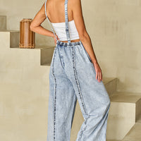 Luxury Light Wash Frayed Exposed Seam Wide Leg Denim Overall