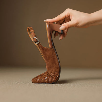 Women's Handmade Suede Woven Slingback Block Heel Sandals – Square-Toe Buckle Dress Shoes