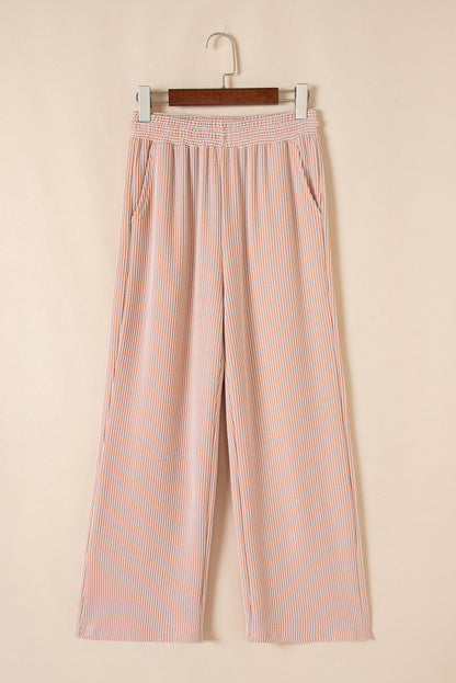 Luxury Solid Corded Short Sleeve T Shirt And Wide Leg Pants Set