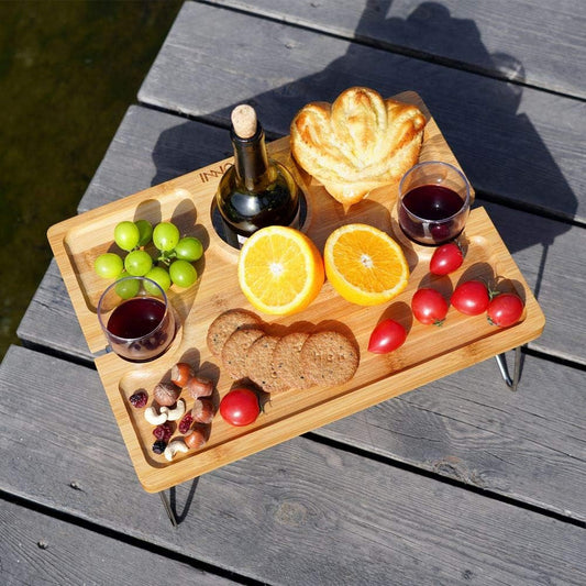 Folding Bamboo Wine Picnic Table with Bottle Opener – Portable Cheese & Snack Tray with Wine Glass Holders