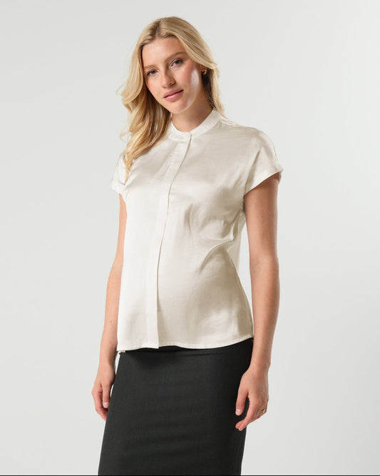Short Sleeve Satin Maternity Shell Top with Concealed Nursing Zip