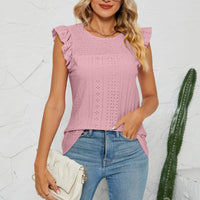 Smocked Round Neck Eyelet Top