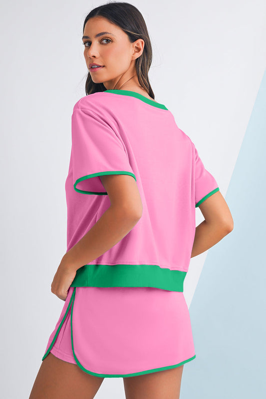 Luxury Colorblock Edge Drop Shoulder T Shirt and Skort Set