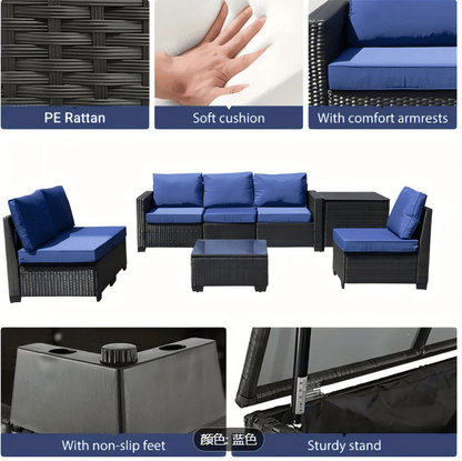 8-piece patio furniture set, all-weather outdoor wicker combination conversation sofa, rattan patio sofa with cushion and glass coffee table, with storage