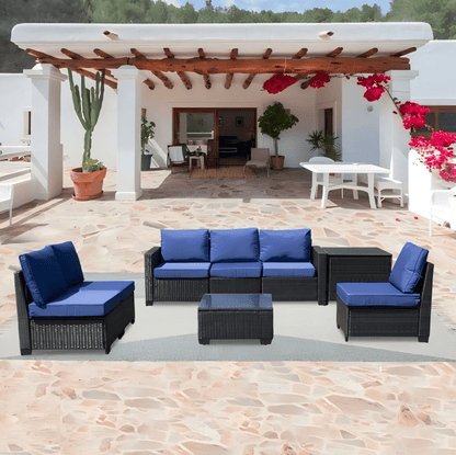 8-piece patio furniture set, all-weather outdoor wicker combination conversation sofa, rattan patio sofa with cushion and glass coffee table, with storage