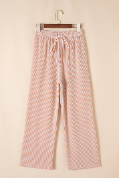 Luxury Solid Corded Short Sleeve T Shirt And Wide Leg Pants Set