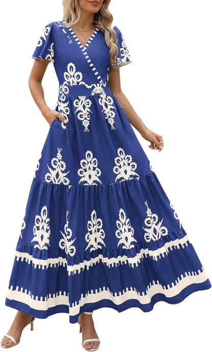PRETTYGARDEN Womens 2025 Summer Casual V Neck Boho Maxi Dress Flowy Aline Bell Sleeve Tiered Floral Dresses with Pocket