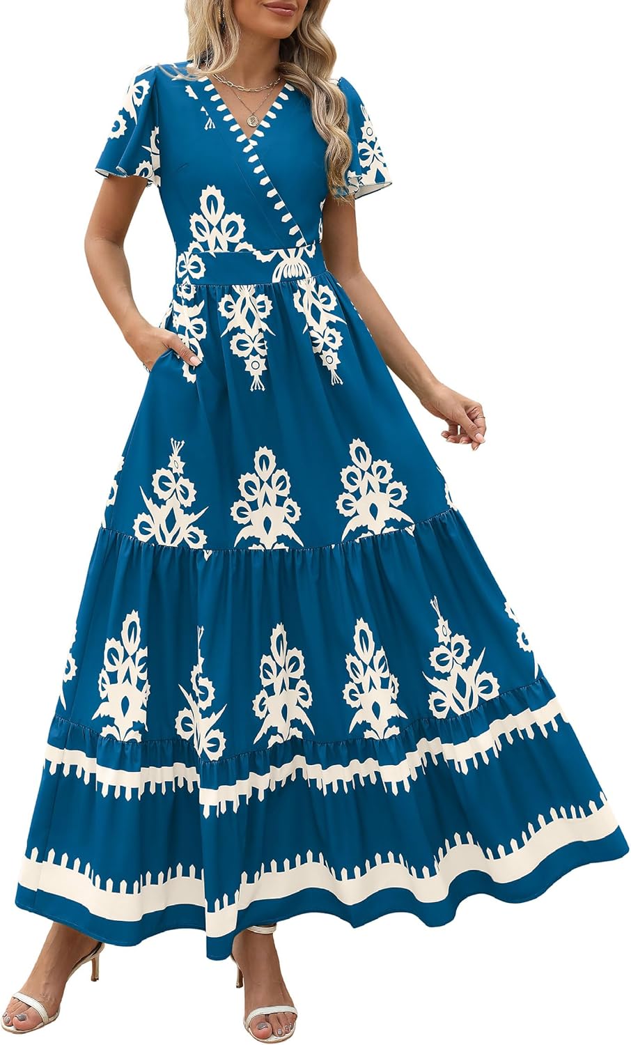 PRETTYGARDEN Womens 2025 Summer Casual V Neck Boho Maxi Dress Flowy Aline Bell Sleeve Tiered Floral Dresses with Pocket