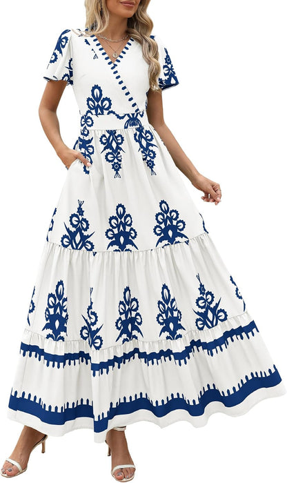 PRETTYGARDEN Womens 2025 Summer Casual V Neck Boho Maxi Dress Flowy Aline Bell Sleeve Tiered Floral Dresses with Pocket