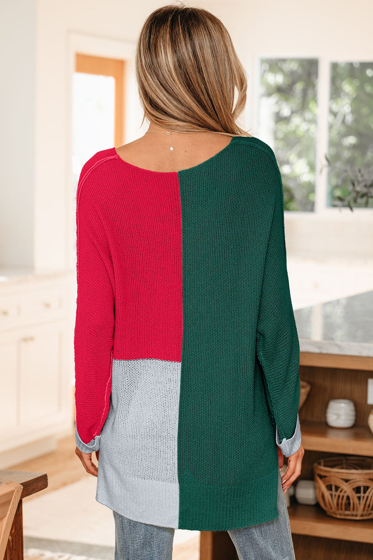 Color Block Knit V-Neck Loose Sweater