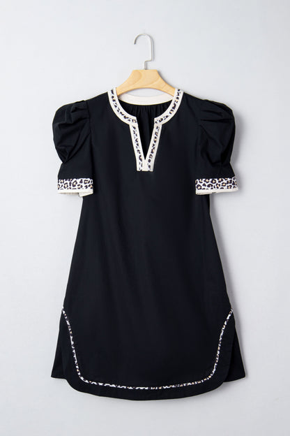 Black Leopard Trim Notched Neck Short Puff Sleeve Shift Mini Dress
