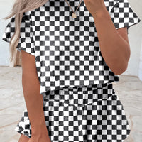 Luxury Checkerboard T Shirt and High Waist Skorts Set