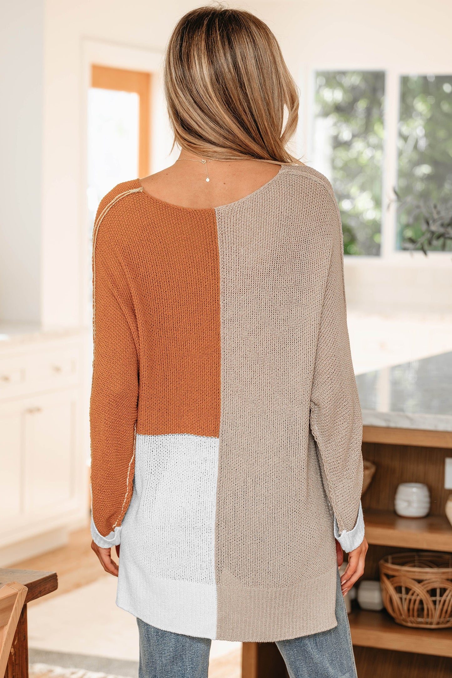 Color Block Knit V-Neck Loose Sweater