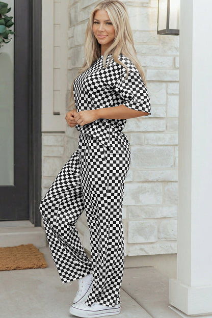 Rose Checkered Print Half Sleeve Tee 2pcs Lounge Pant Set
