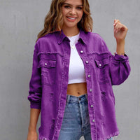 Distressed Drop Shoulder Fringe Denim Jacket Cotton Blend