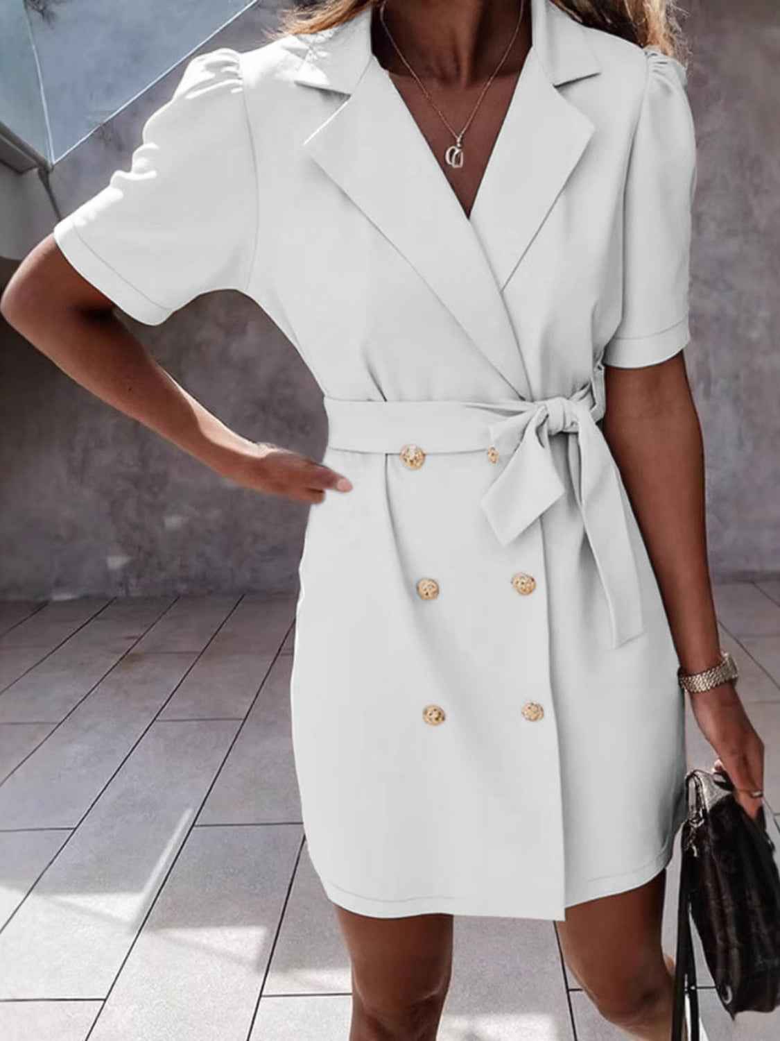 Lapel Collar Mini Dress with Tie Waist