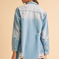 Beau Blue Light Wash Distressed Frayed Long Denim Jacket