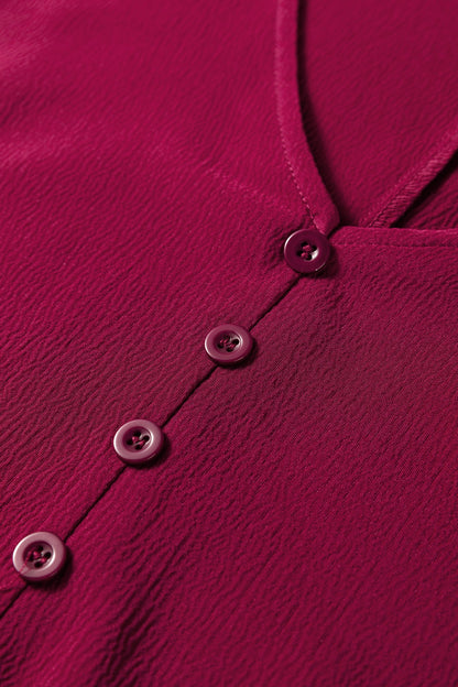 Burgundy Solid Long Sleeve Button V Neck Tiered Maxi Dress
