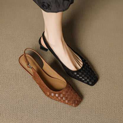 Women's Handmade Suede Woven Slingback Block Heel Sandals – Square-Toe Buckle Dress Shoes