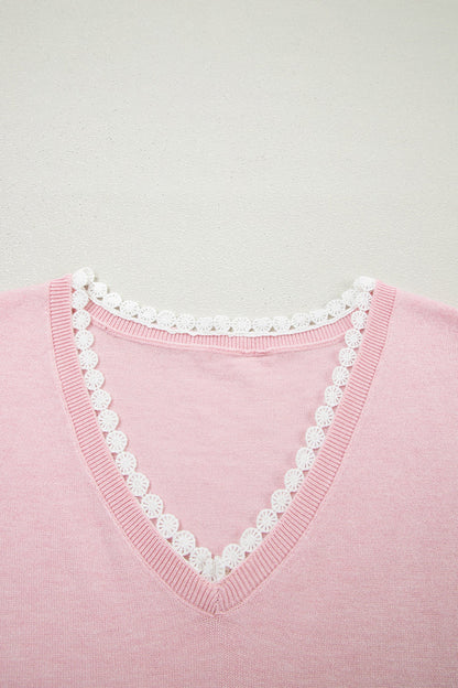 Strawberry Pink Lacy V Neckline Short Sleeve Sweater
