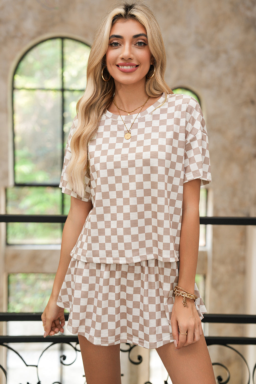 Luxury Checkerboard T Shirt and High Waist Skorts Set