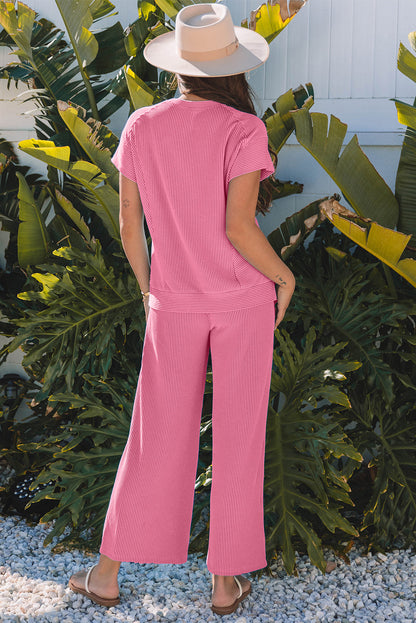 Luxury Solid Corded Knit Short Sleeve T Shirt and Wide Leg Pants Set