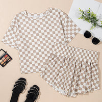 Luxury Checkerboard T Shirt and High Waist Skorts Set