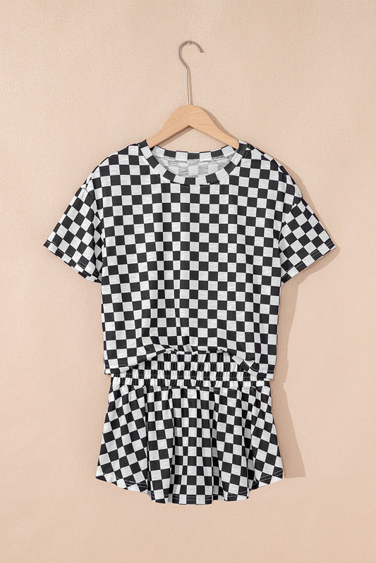 Luxury Checkerboard T Shirt and High Waist Skorts Set