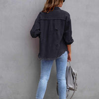 Distressed Drop Shoulder Fringe Denim Jacket Cotton Blend