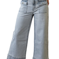Sky Blue Striped Button Flap Pocket Wide Leg Denim Jeans
