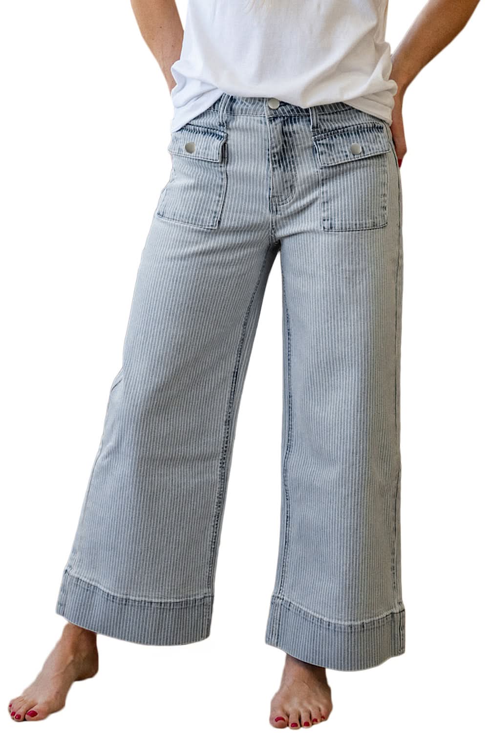 Sky Blue Striped Button Flap Pocket Wide Leg Denim Jeans