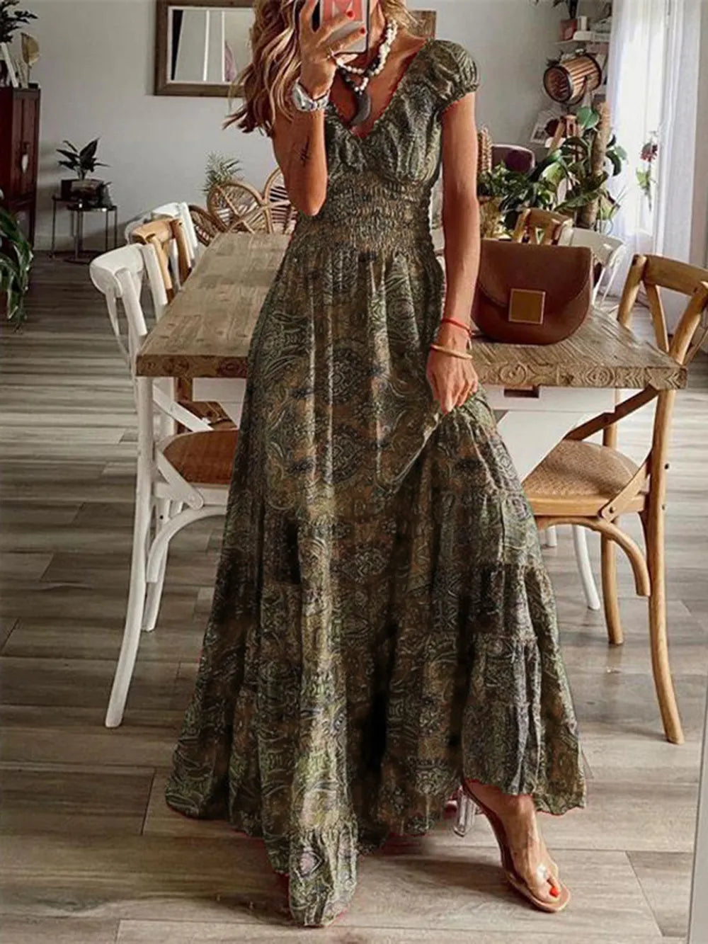 Full Size Smocked Printed V-Neck Dress for Effortless Style