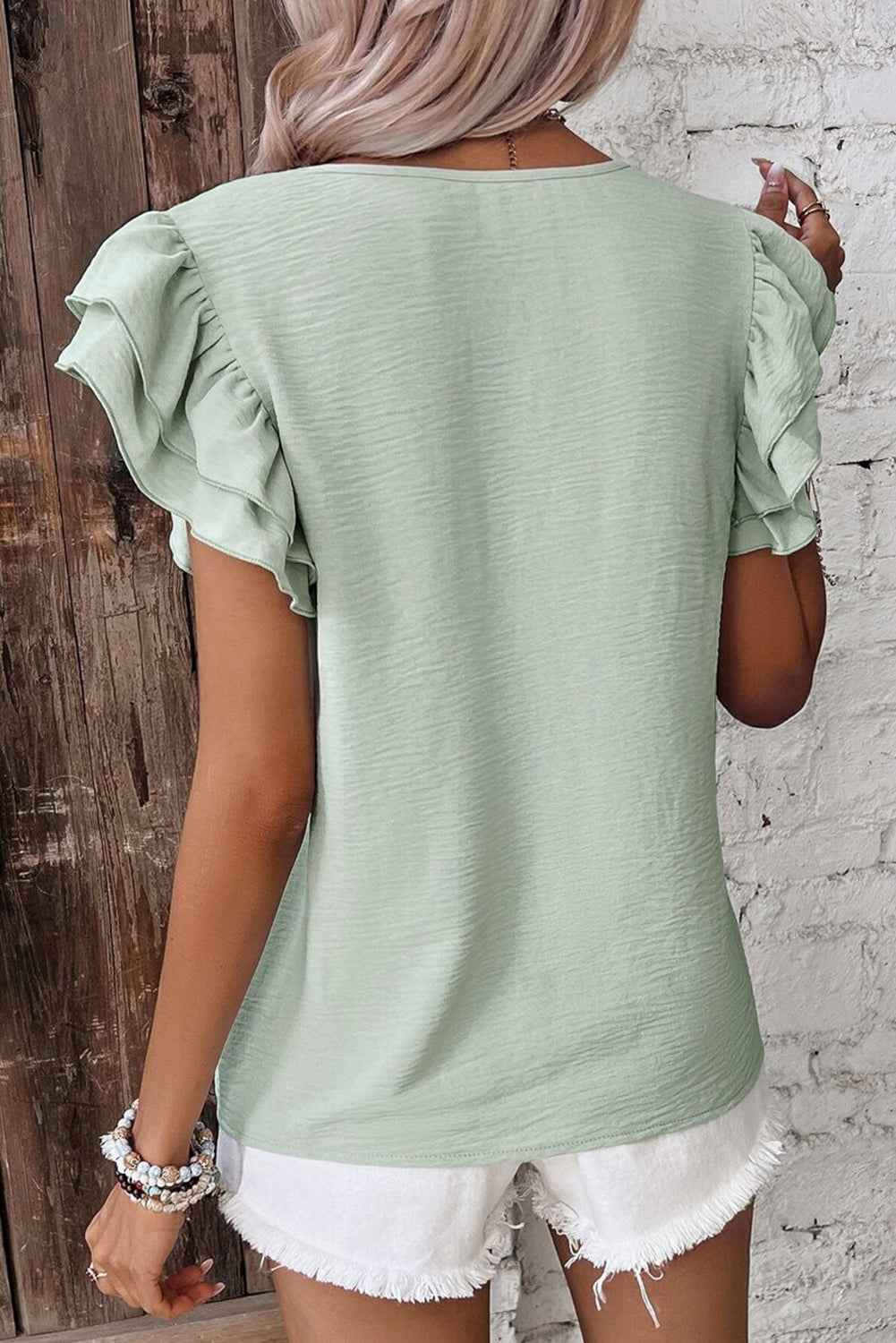 Aqua Ruffle Sleeve Blouse - Clearly Aqua Solid Color Crinkled Top