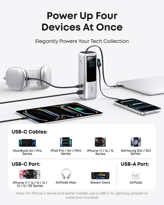 Anker Laptop Power Bank (25K, 165W, Built-In and Retractable Cables)