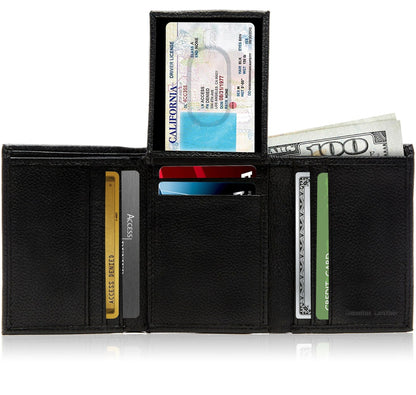 Genuine Leather Trifold Wallet – Flip-Up Dual ID Windows, RFID Blocking