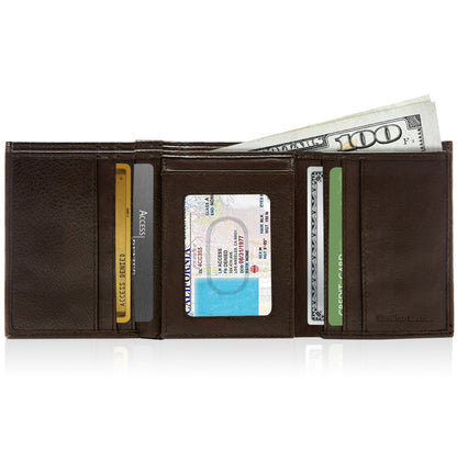 Genuine Leather Trifold Wallet – Flip-Up Dual ID Windows, RFID Blocking