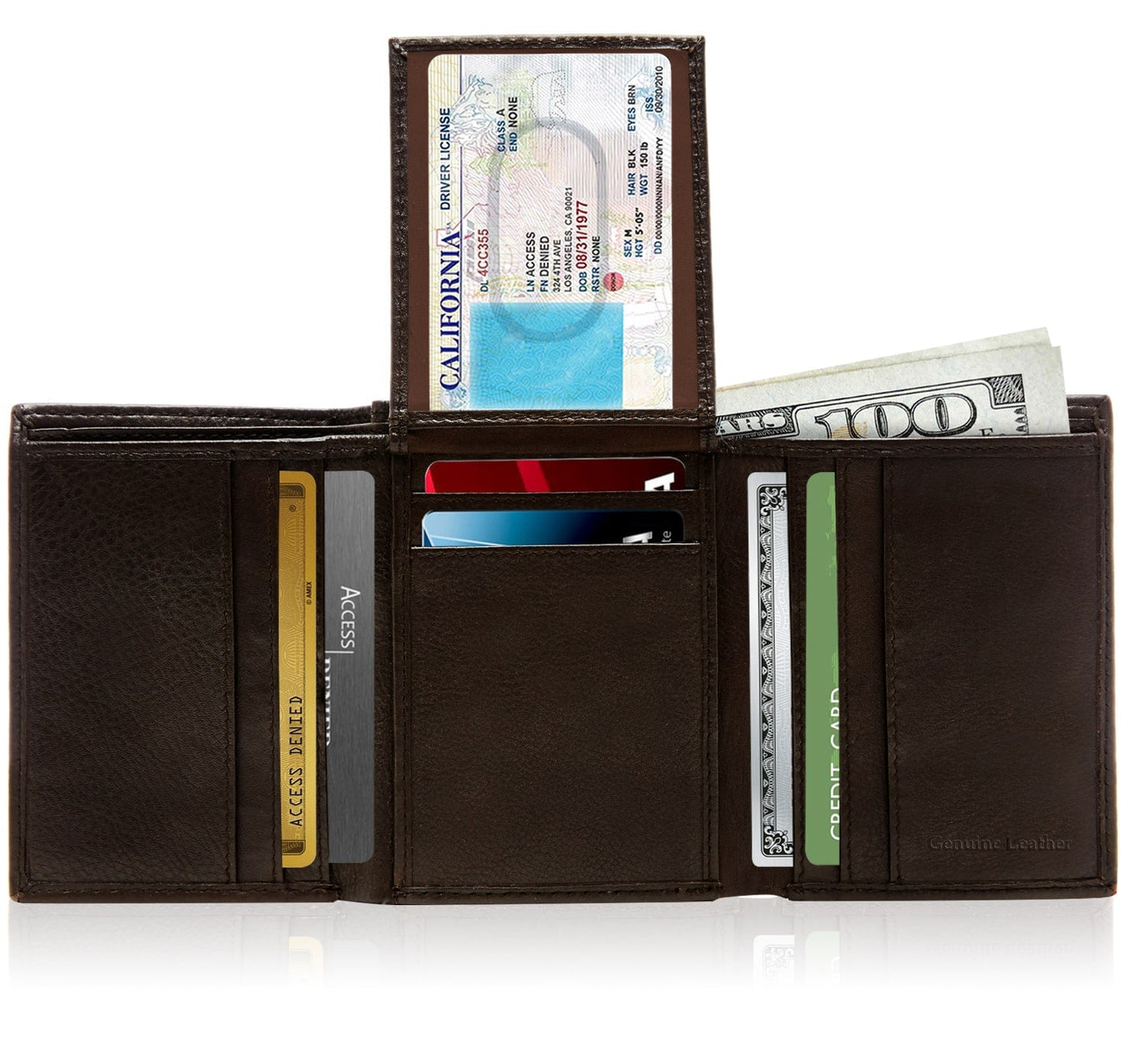 Genuine Leather Trifold Wallet – Flip-Up Dual ID Windows, RFID Blocking