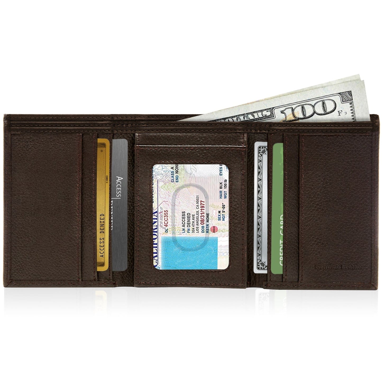 Genuine Leather Trifold Wallet – Flip-Up Dual ID Windows, RFID Blocking