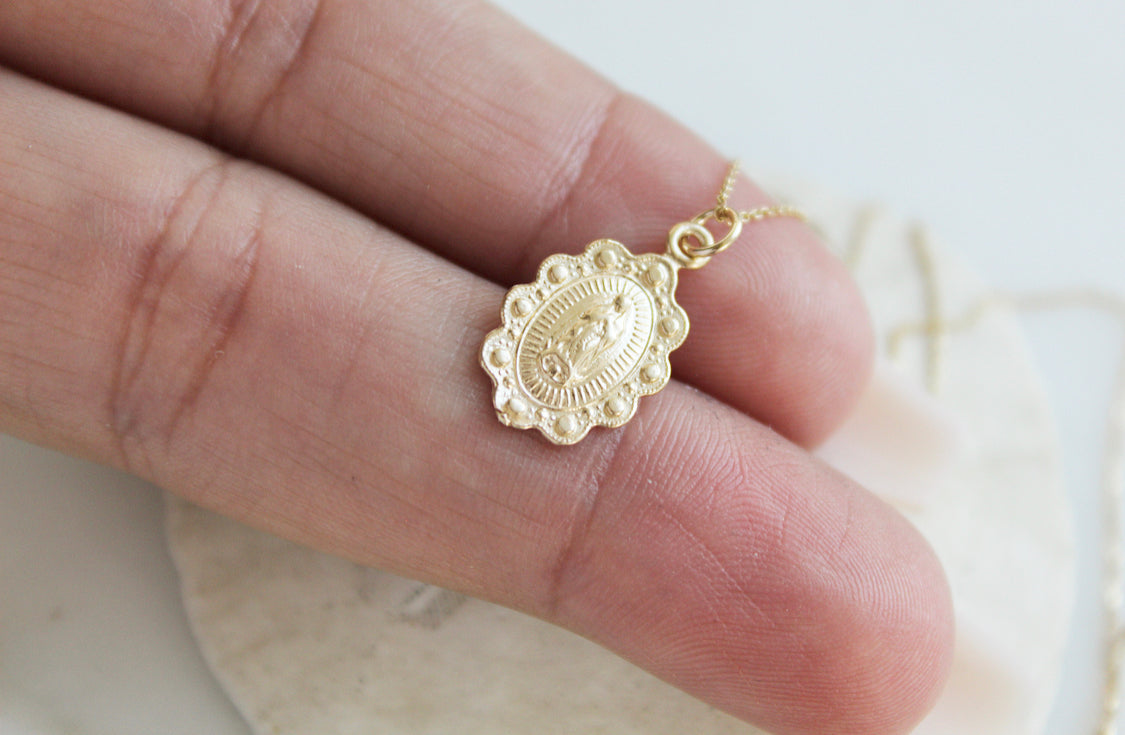 14k Gold Our Lady of Guadalupe Scalloped Necklace