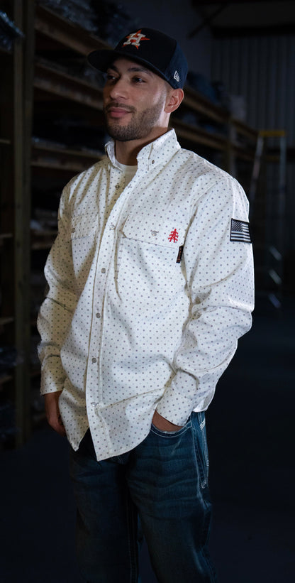 FR Pearl Snap Work Shirt - Phantom White - With U.S Flag