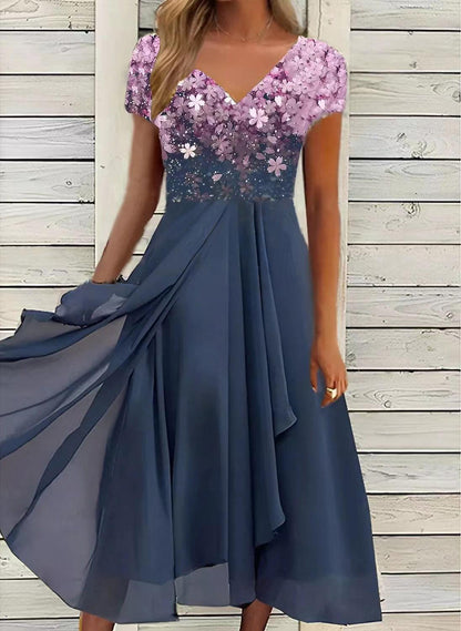 Serene Blooms Chiffon Patchwork Dress | Elegant Floral Dress for Summer
