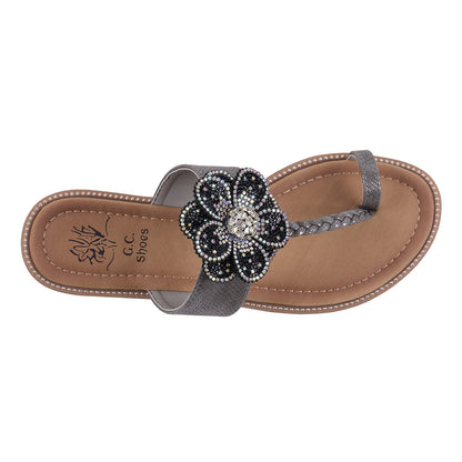 Women's Blossom Black Embellished Flower Toe Ring Flat Sandals