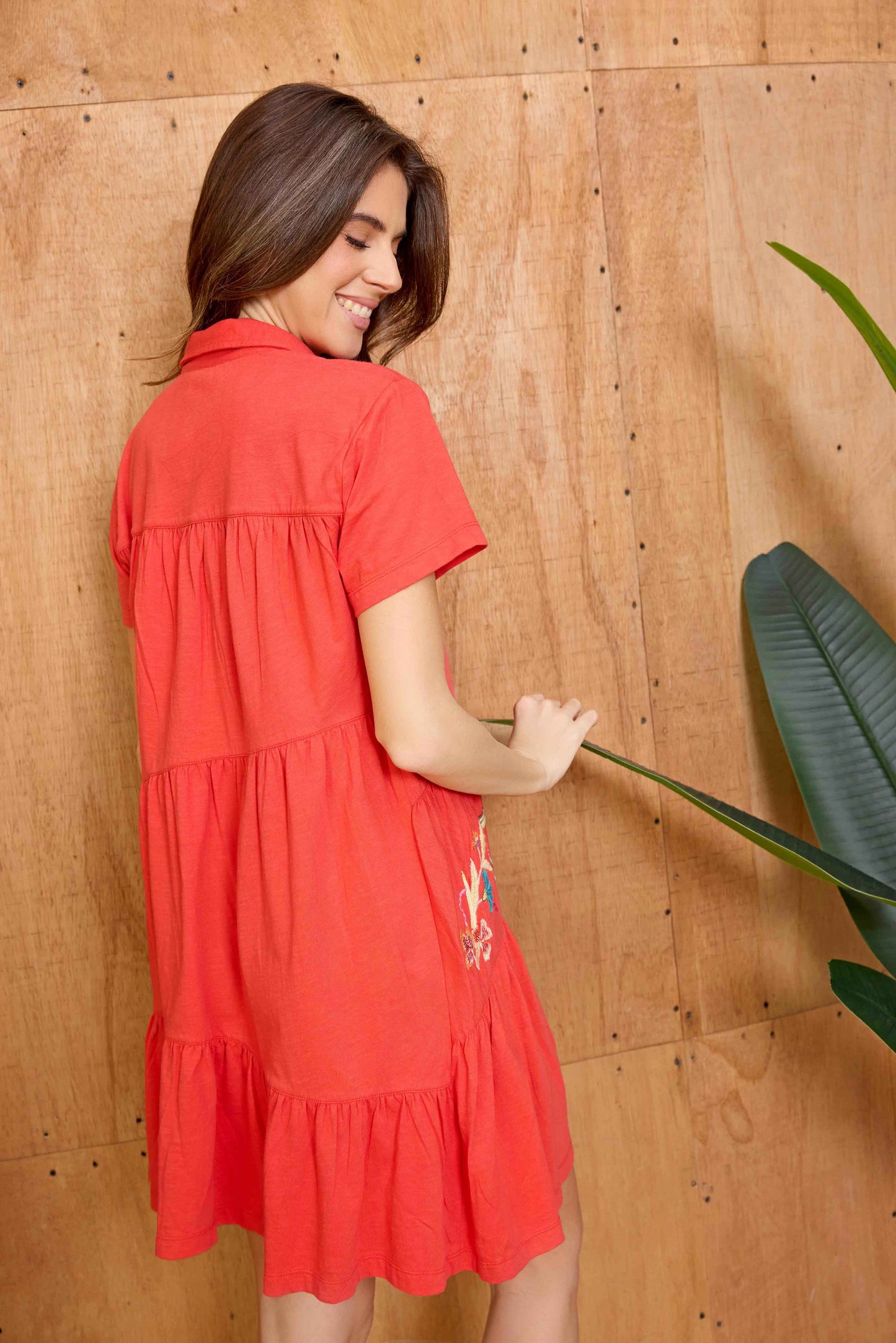 Bohera Sunweave Embroidered Button-Front Tiered Midi Dress in Canyon Ember