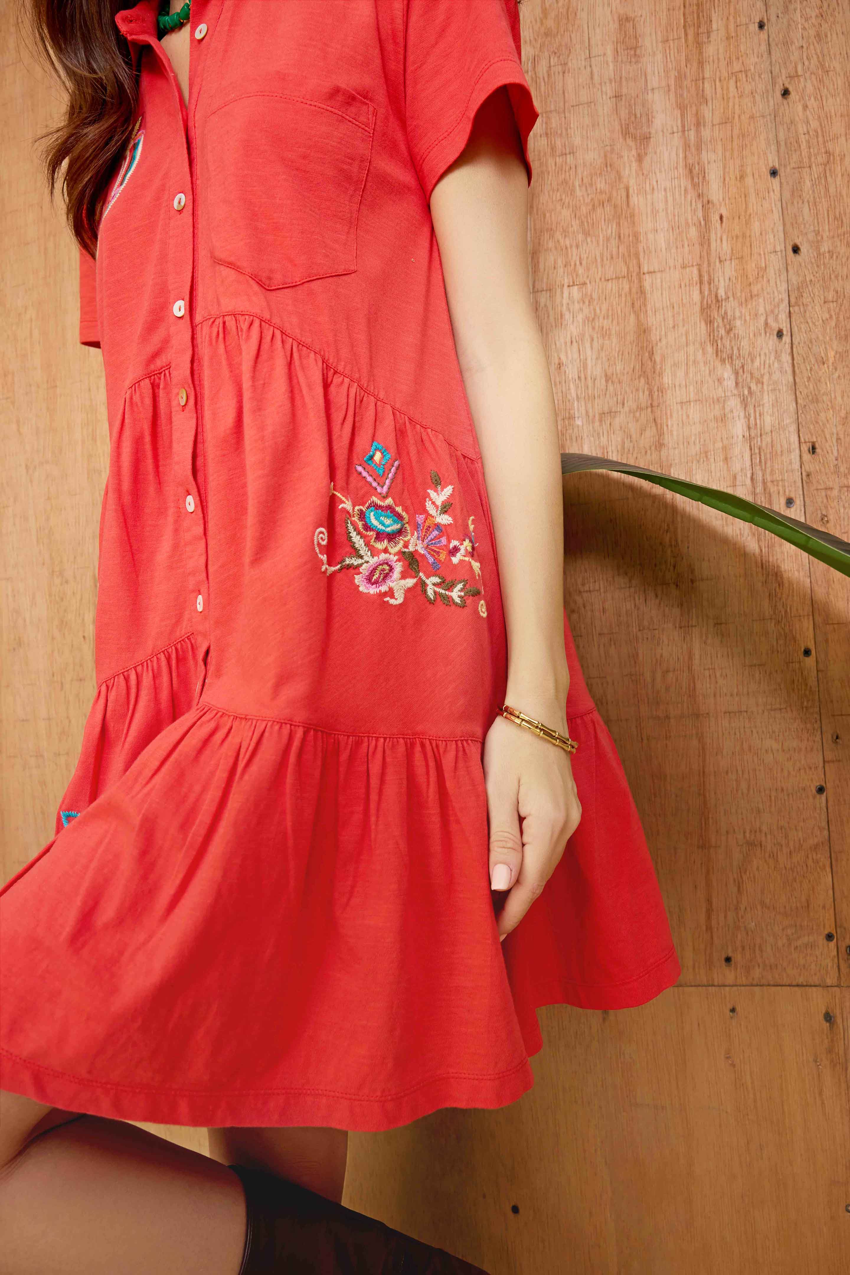 Bohera Sunweave Embroidered Button-Front Tiered Midi Dress in Canyon Ember