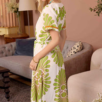 Bohera Garden Shore Split Neck Maxi Print Dress with Belt in Olive Mist