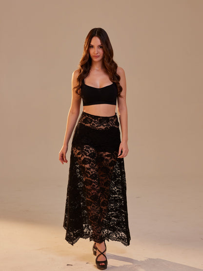 Black Lace A-Line Skirt – Long Sheer Full Skirt, Elegant Bachelorette Party Skirt, Gothic Fashion Skirt, Prom Skirt for Women