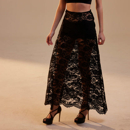 Black Lace A-Line Skirt – Long Sheer Full Skirt, Elegant Bachelorette Party Skirt, Gothic Fashion Skirt, Prom Skirt for Women