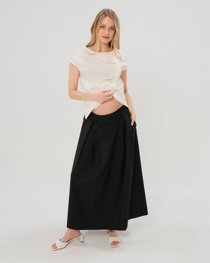 Pleated Black Maternity Maxi Skirt in All-Season Wool Blend | Over/Under Bump