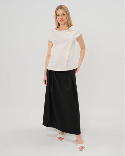 Pleated Black Maternity Maxi Skirt in All-Season Wool Blend | Over/Under Bump